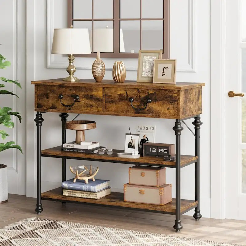Console étroite à 3 tiroirs marron/gris avec pieds en colonne romaine – Style vintage