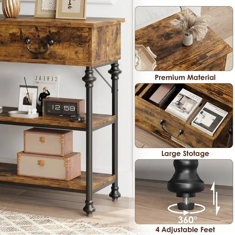 Console étroite à 3 tiroirs marron/gris avec pieds en colonne romaine – Style vintage