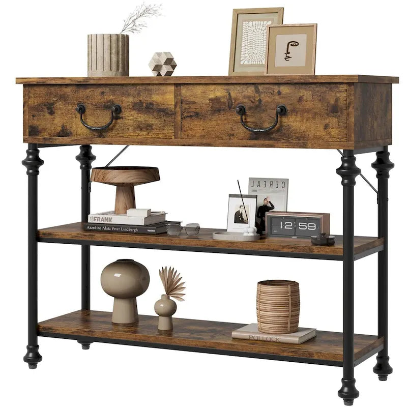 Console étroite à 3 tiroirs marron/gris avec pieds en colonne romaine – Style vintage