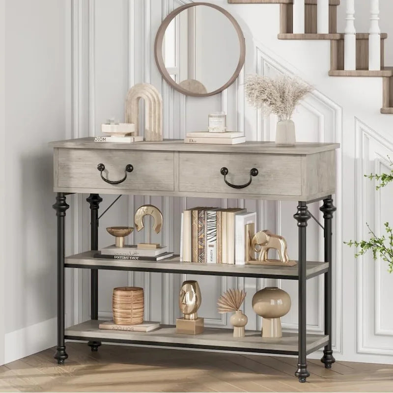 Console étroite à 3 tiroirs marron/gris avec pieds en colonne romaine – Style vintage