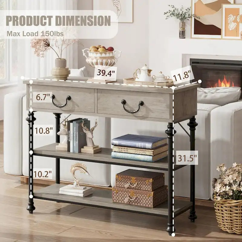 Console étroite à 3 tiroirs marron/gris avec pieds en colonne romaine – Style vintage