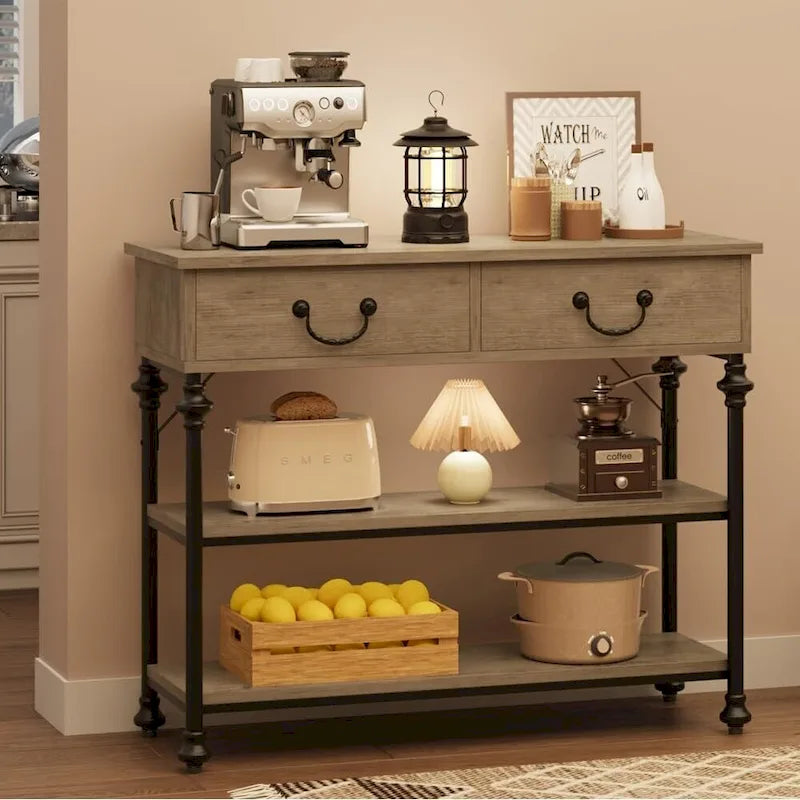 Console étroite à 3 tiroirs marron/gris avec pieds en colonne romaine – Style vintage