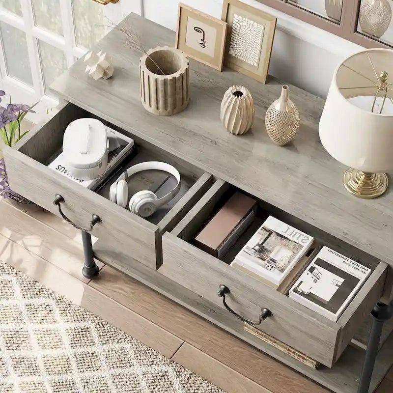 Console étroite à 3 tiroirs marron/gris avec pieds en colonne romaine – Style vintage