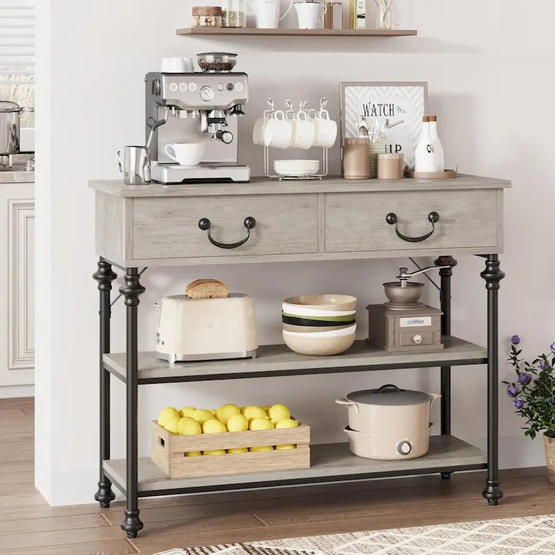 Console étroite à 3 tiroirs marron/gris avec pieds en colonne romaine – Style vintage