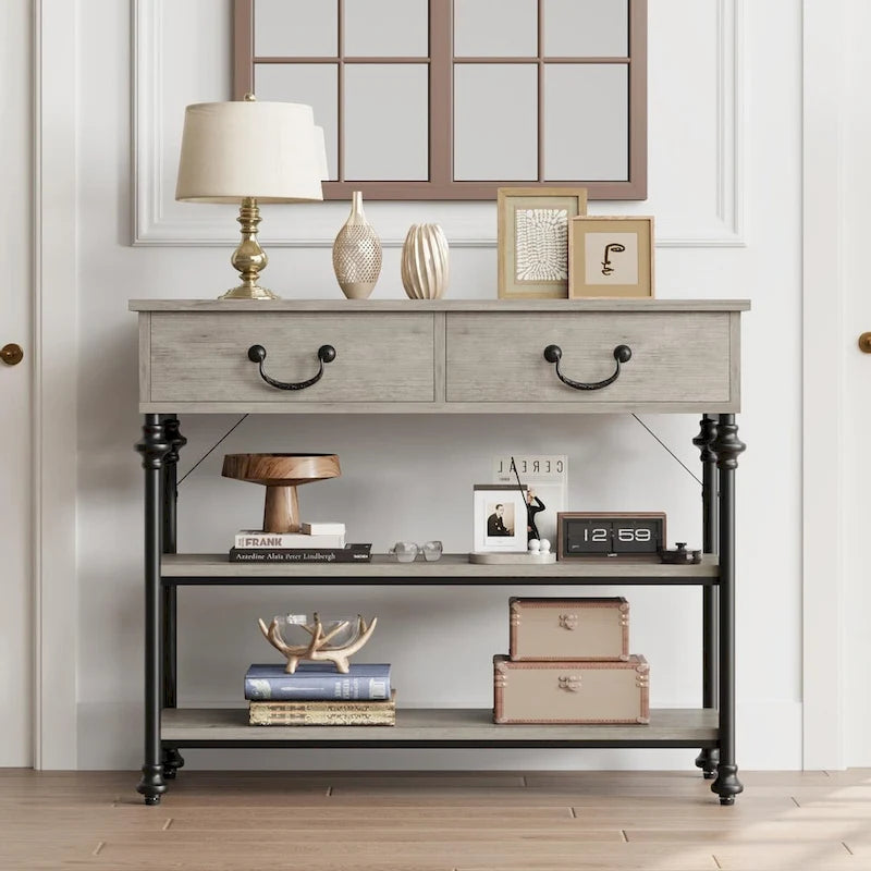 Console étroite à 3 tiroirs marron/gris avec pieds en colonne romaine – Style vintage