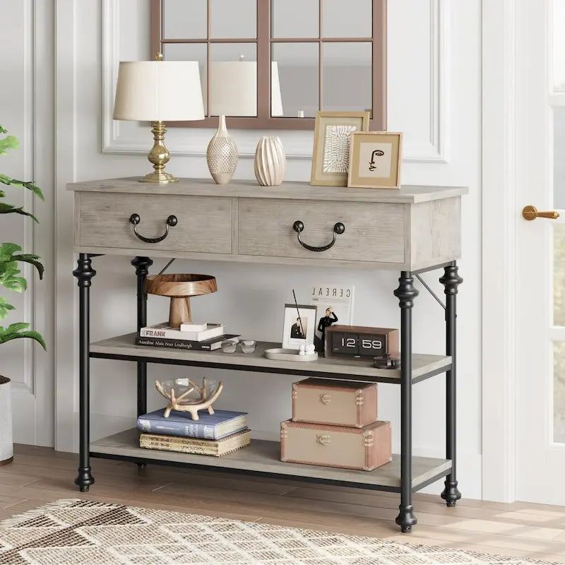 Console étroite à 3 tiroirs marron/gris avec pieds en colonne romaine – Style vintage