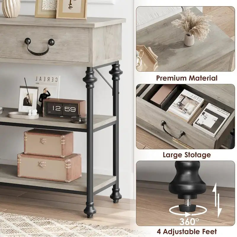 Console étroite à 3 tiroirs marron/gris avec pieds en colonne romaine – Style vintage