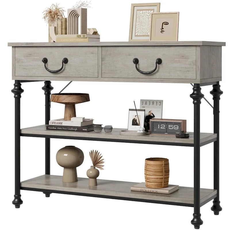 Console étroite à 3 tiroirs marron/gris avec pieds en colonne romaine – Style vintage
