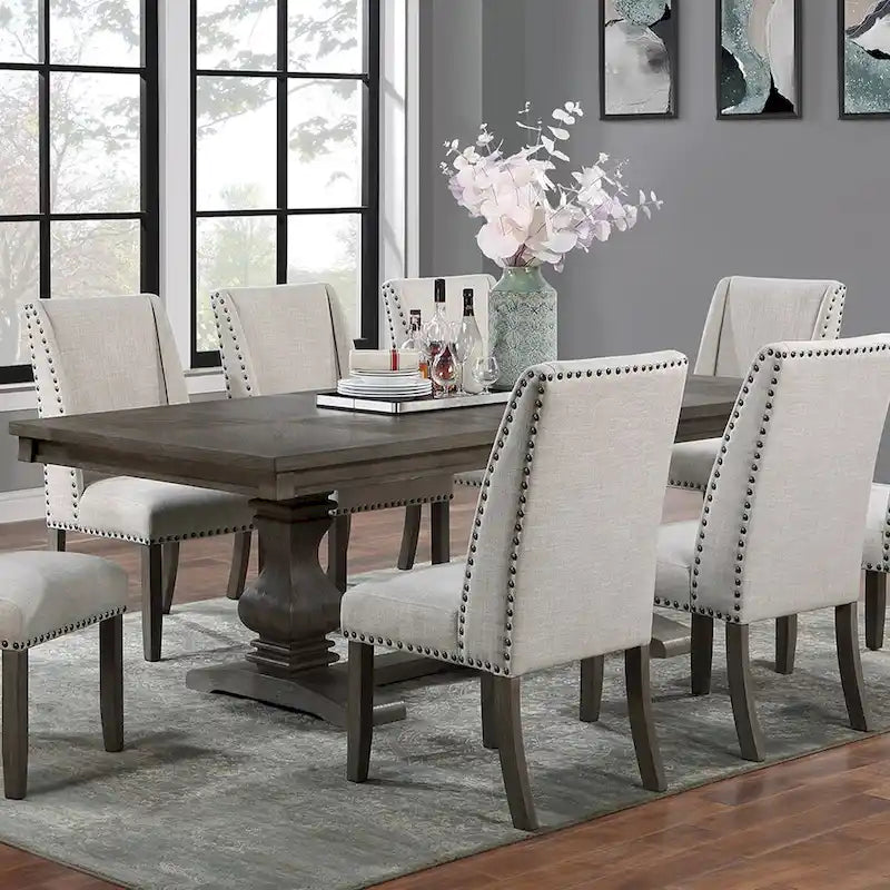 Table à manger rectangulaire en bois de chêne avec 1 rallonge et double pied central – Peut accueillir jusqu'à 8 personnes