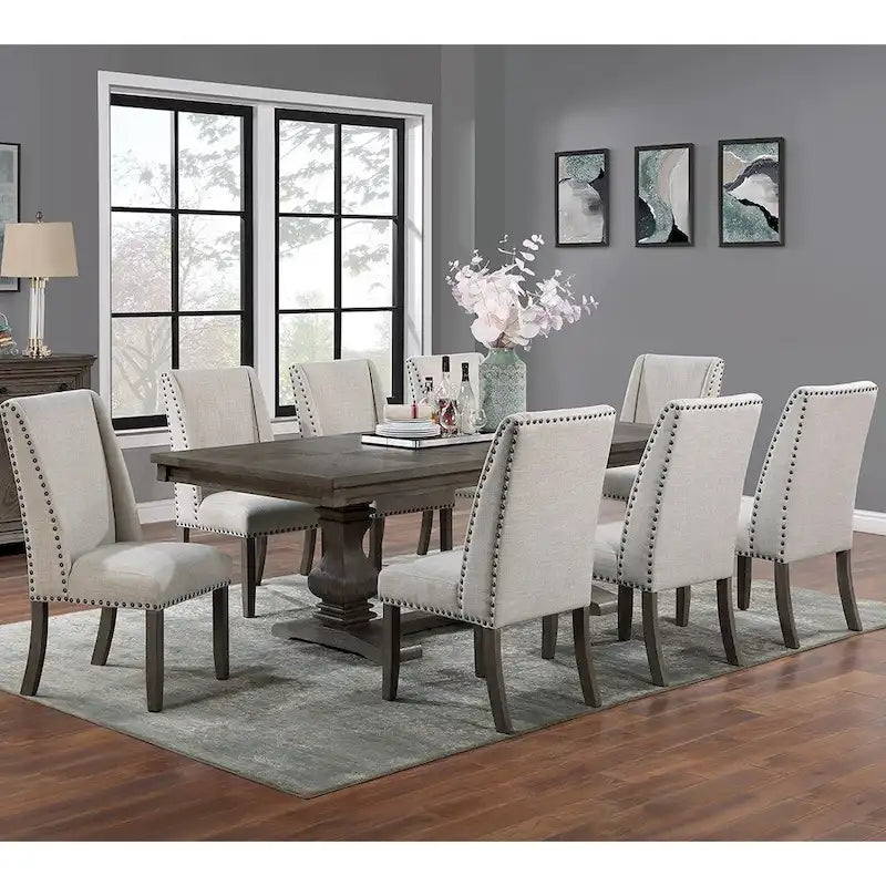 Table à manger rectangulaire en bois de chêne avec 1 rallonge et double pied central – Peut accueillir jusqu'à 8 personnes