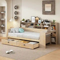 Lit de repos jumeau en bois naturel/blanc antique avec étagères de rangement latérales, 2 tiroirs et bureau intégré au pied