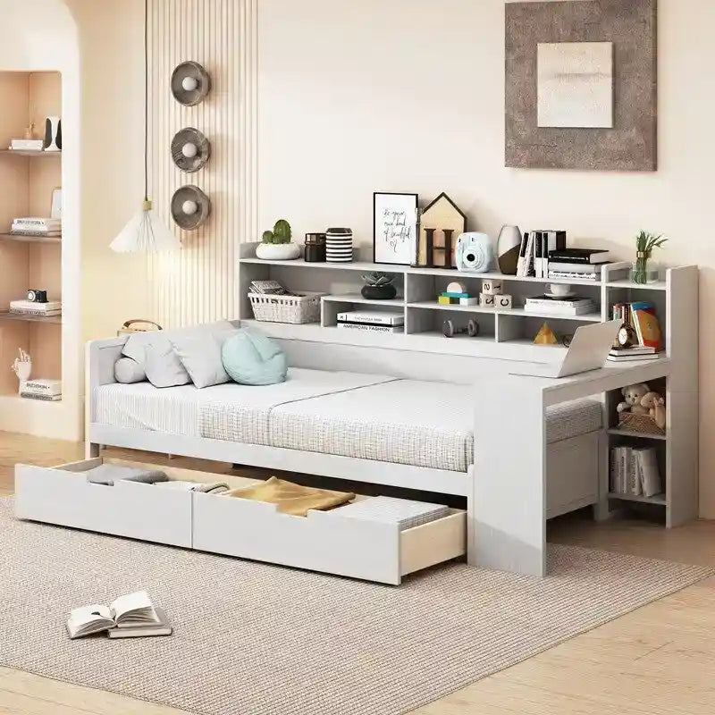 Lit de repos jumeau en bois naturel/blanc antique avec étagères de rangement latérales, 2 tiroirs et bureau intégré au pied