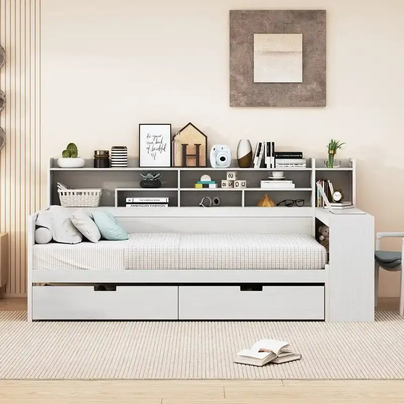 Lit de repos jumeau en bois naturel/blanc antique avec étagères de rangement latérales, 2 tiroirs et bureau intégré au pied