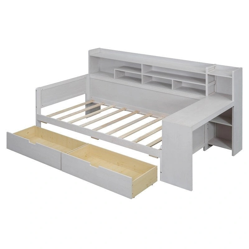 Lit de repos jumeau en bois naturel/blanc antique avec étagères de rangement latérales, 2 tiroirs et bureau intégré au pied