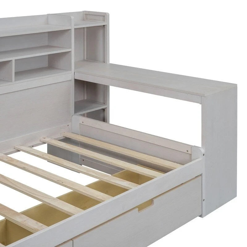 Lit de repos jumeau en bois naturel/blanc antique avec étagères de rangement latérales, 2 tiroirs et bureau intégré au pied