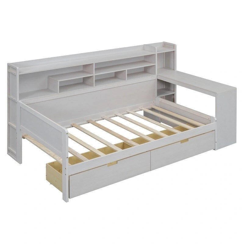 Lit de repos jumeau en bois naturel/blanc antique avec étagères de rangement latérales, 2 tiroirs et bureau intégré au pied