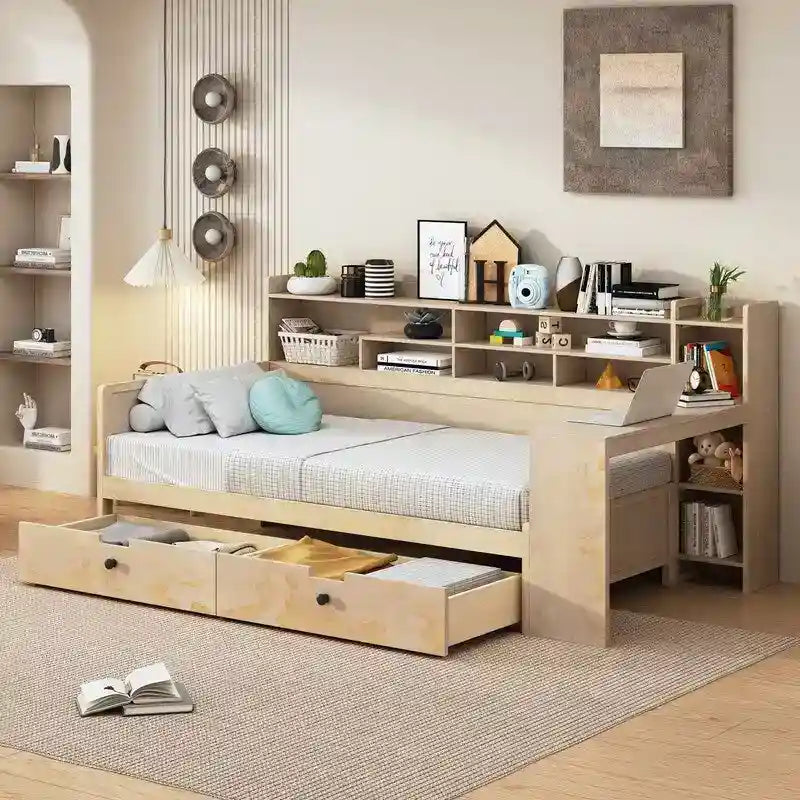 Lit de repos jumeau en bois naturel/blanc antique avec étagères de rangement latérales, 2 tiroirs et bureau intégré au pied