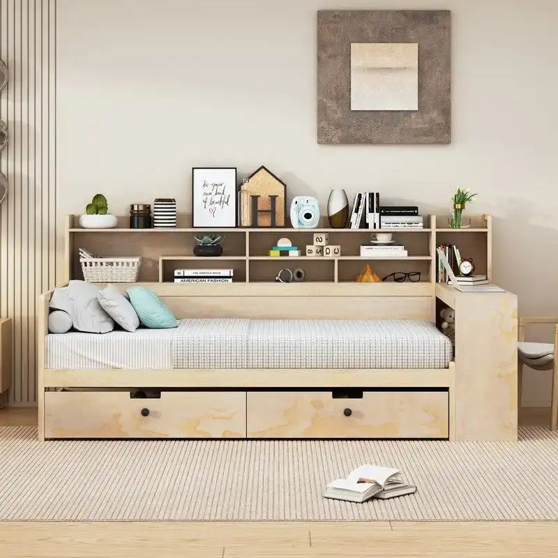 Lit de repos jumeau en bois naturel/blanc antique avec étagères de rangement latérales, 2 tiroirs et bureau intégré au pied