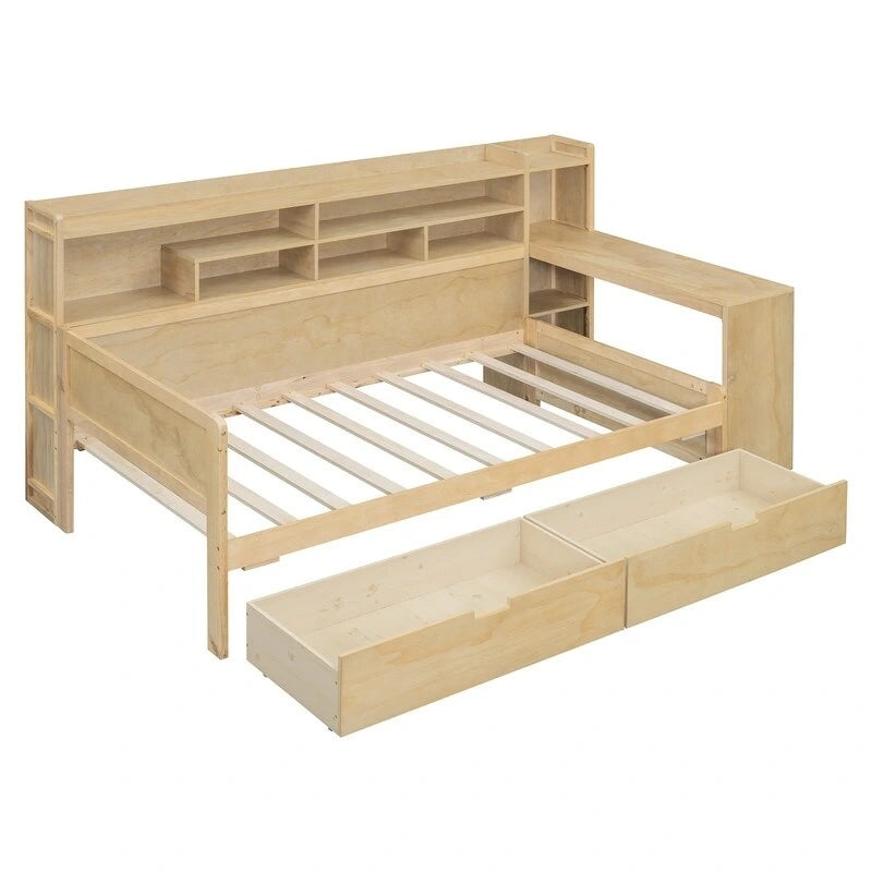 Lit de repos jumeau en bois naturel/blanc antique avec étagères de rangement latérales, 2 tiroirs et bureau intégré au pied