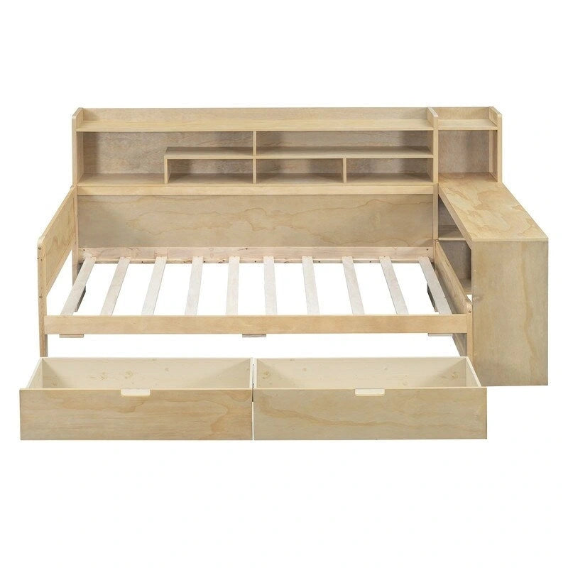 Lit de repos jumeau en bois naturel/blanc antique avec étagères de rangement latérales, 2 tiroirs et bureau intégré au pied
