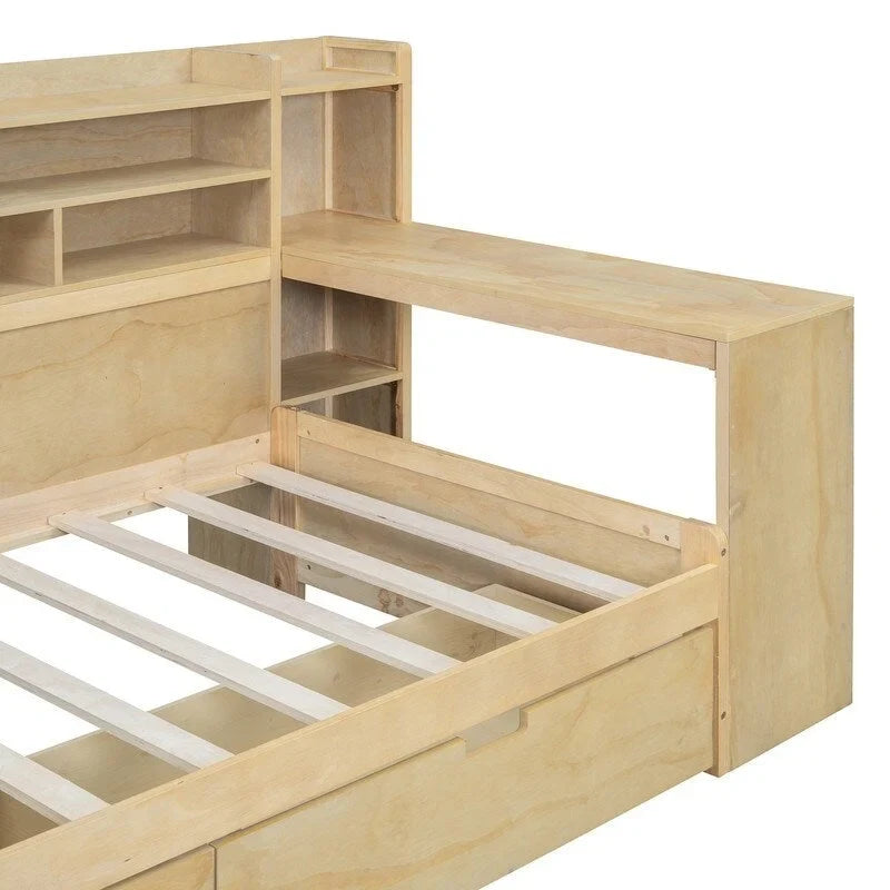 Lit de repos jumeau en bois naturel/blanc antique avec étagères de rangement latérales, 2 tiroirs et bureau intégré au pied