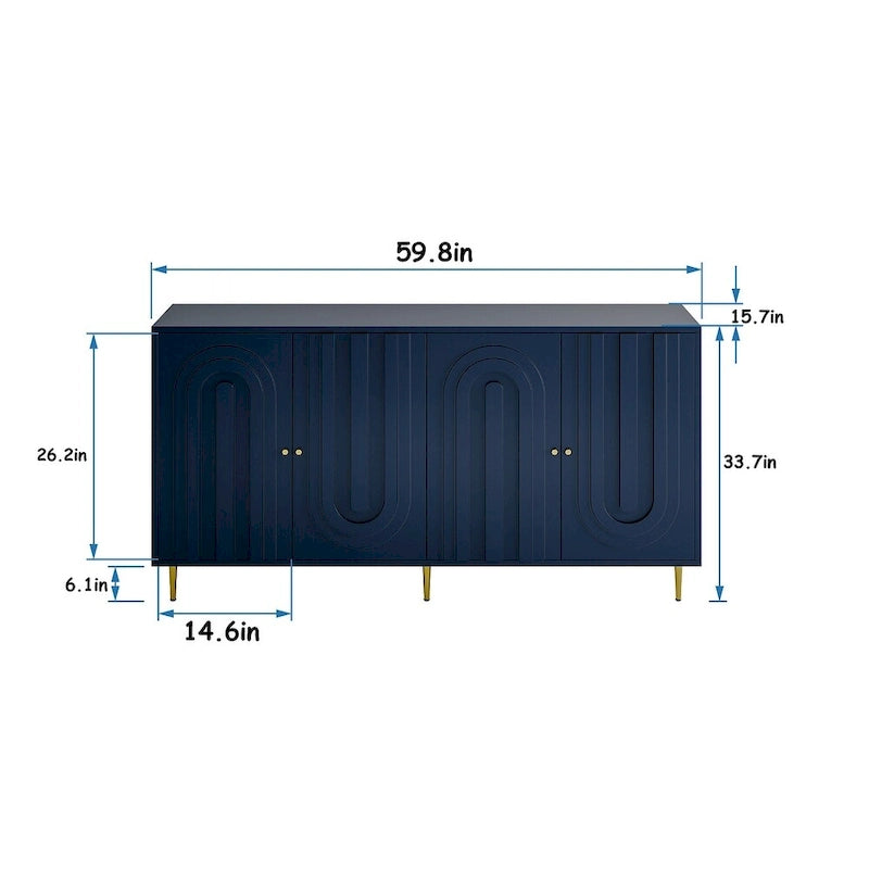 Bahut de cuisine 4 portes avec étagères réglables Noir / Bleu / Vert menthe / Gris / Noir mat – 1 pièce
