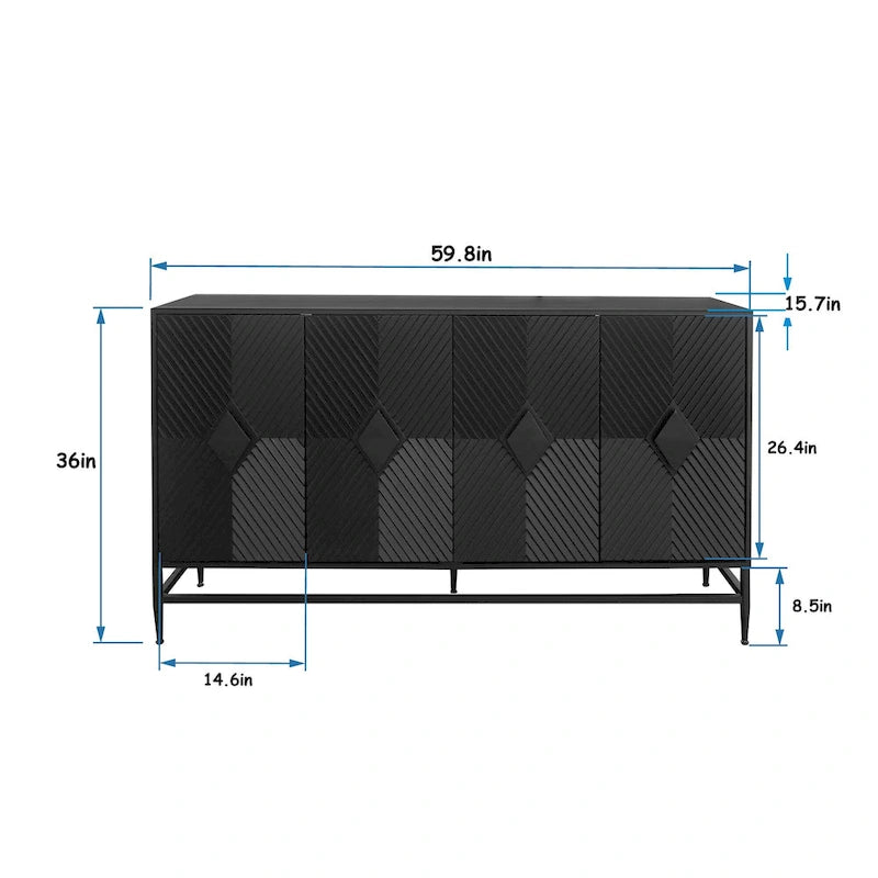 Bahut de cuisine 4 portes avec étagères réglables Noir / Bleu / Vert menthe / Gris / Noir mat – 1 pièce