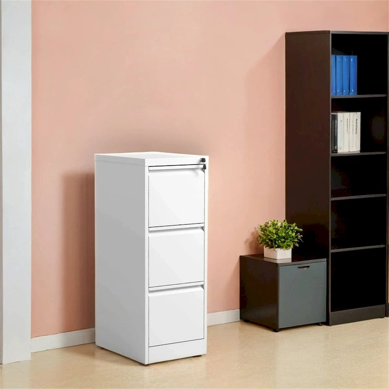 Meuble de classement vertical à 3 tiroirs en acier (blanc/noir) avec serrure, tiroirs à extension totale et conception anti-basculement