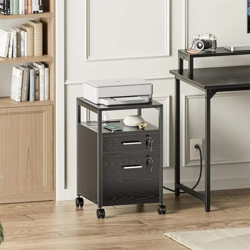 Meuble de classement roulant à 2 tiroirs en grain de bois noir avec serrure, station de charge et roulettes pivotantes