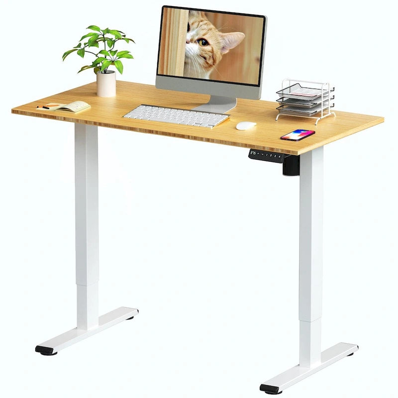 Bureau debout électrique réglable en hauteur avec plateau en bambou (blanc / noir / gris) et contrôleur à mémoire – 1 personne