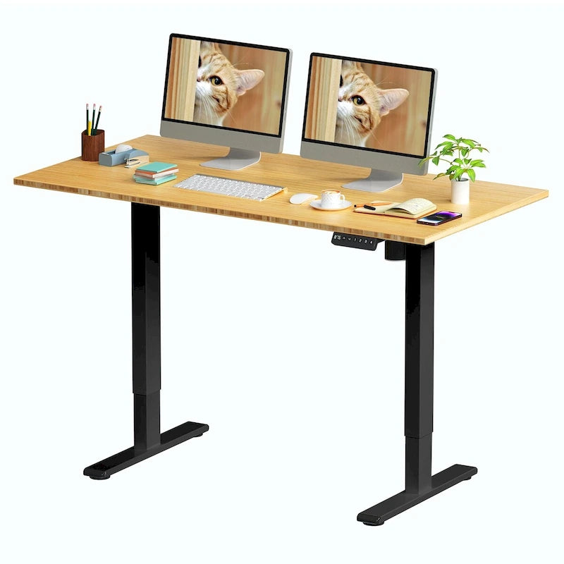 Bureau debout électrique réglable en hauteur avec plateau en bambou (blanc / noir / gris) et contrôleur à mémoire – 1 personne