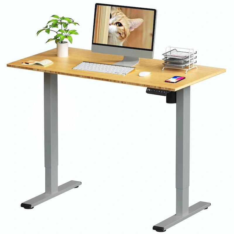 Bureau debout électrique réglable en hauteur avec plateau en bambou (blanc / noir / gris) et contrôleur à mémoire – 1 personne