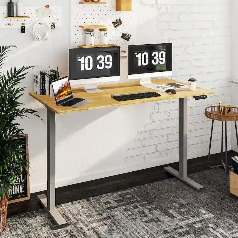 Bureau debout électrique réglable en hauteur avec plateau en bambou (blanc / noir / gris) et contrôleur à mémoire – 1 personne