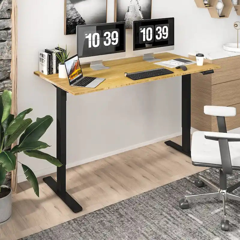 Bureau debout électrique réglable en hauteur avec plateau en bambou (blanc / noir / gris) et contrôleur à mémoire – 1 personne