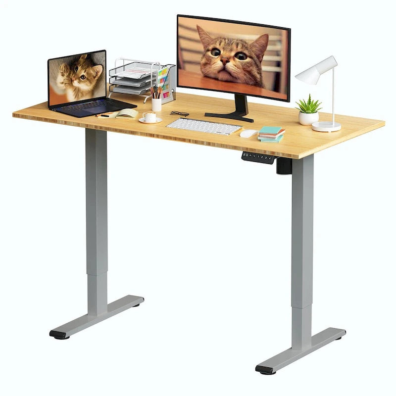 Bureau debout électrique réglable en hauteur avec plateau en bambou (blanc / noir / gris) et contrôleur à mémoire – 1 personne