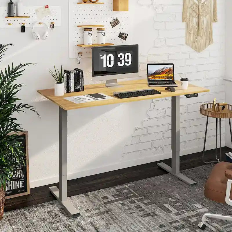 Bureau debout électrique réglable en hauteur avec plateau en bambou (blanc / noir / gris) et contrôleur à mémoire – 1 personne