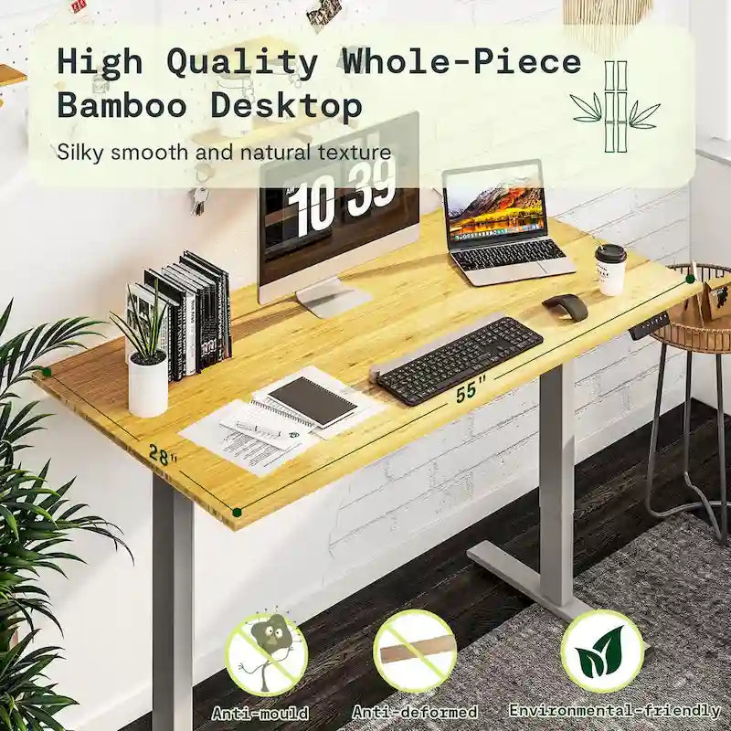Bureau debout électrique réglable en hauteur avec plateau en bambou (blanc / noir / gris) et contrôleur à mémoire – 1 personne