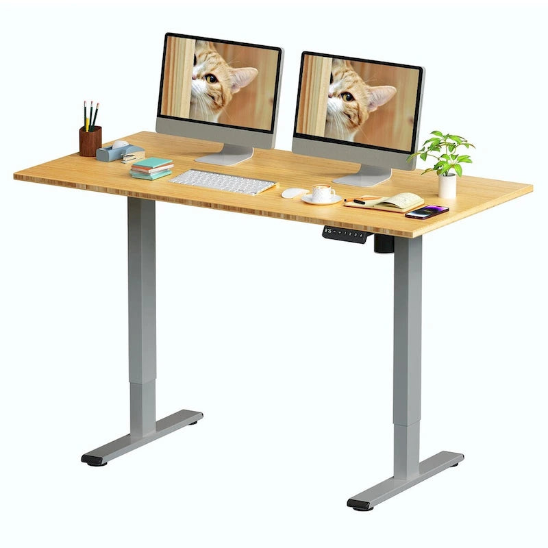 Bureau debout électrique réglable en hauteur avec plateau en bambou (blanc / noir / gris) et contrôleur à mémoire – 1 personne