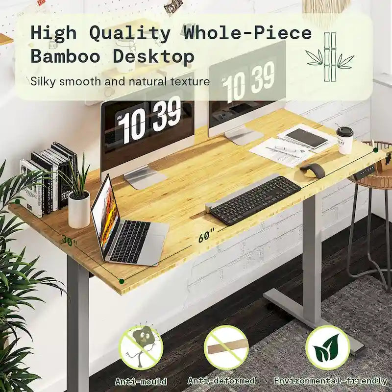 Bureau debout électrique réglable en hauteur avec plateau en bambou (blanc / noir / gris) et contrôleur à mémoire – 1 personne