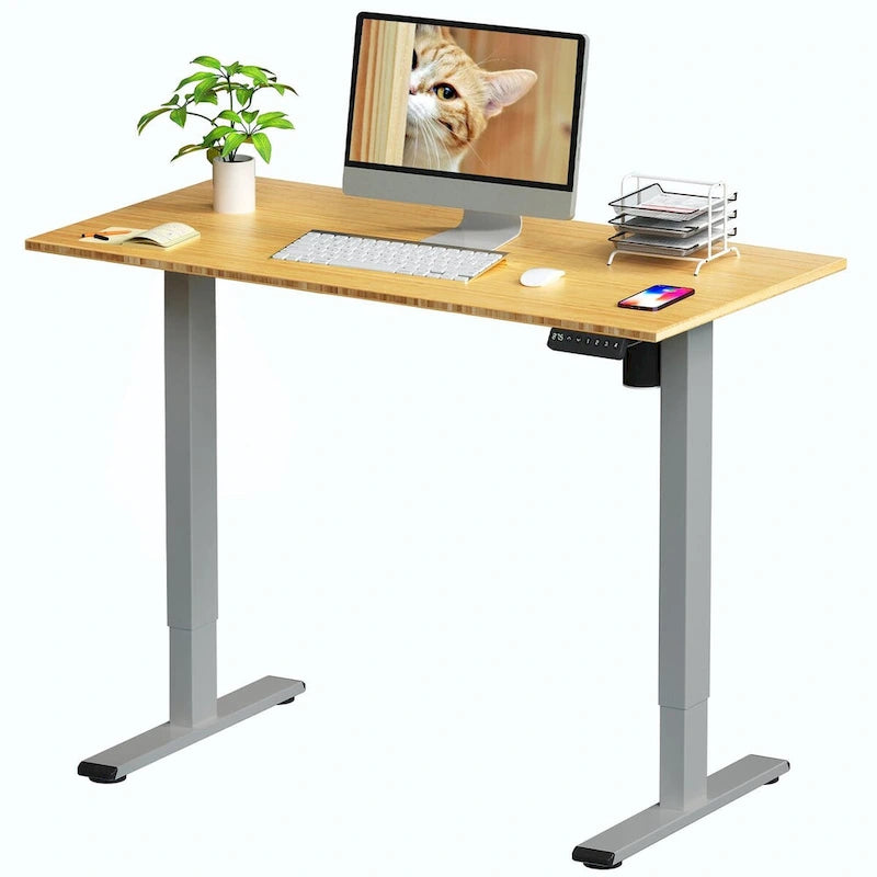 Bureau debout électrique réglable en hauteur avec plateau en bambou (blanc / noir / gris) et contrôleur à mémoire – 1 personne