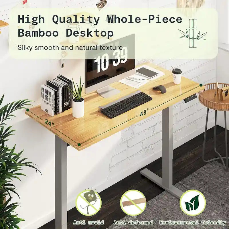 Bureau debout électrique réglable en hauteur avec plateau en bambou (blanc / noir / gris) et contrôleur à mémoire – 1 personne