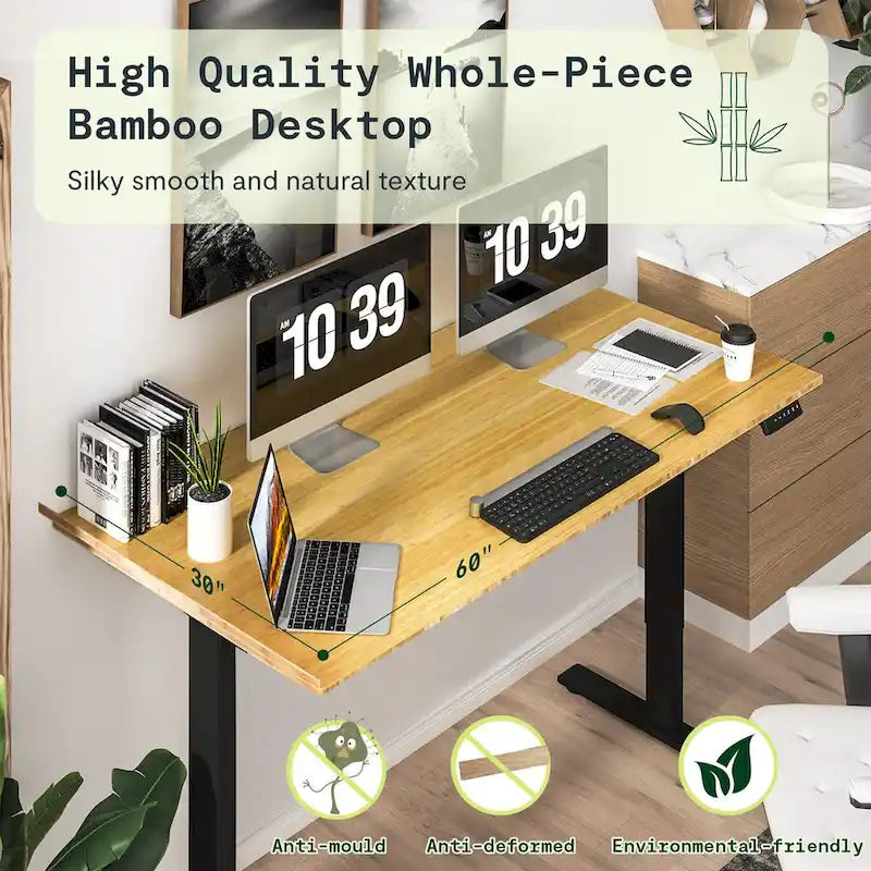 Bureau debout électrique réglable en hauteur avec plateau en bambou (blanc / noir / gris) et contrôleur à mémoire – 1 personne