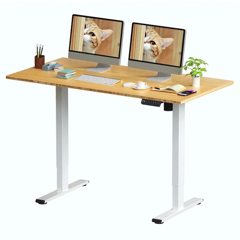 Bureau debout électrique réglable en hauteur avec plateau en bambou (blanc / noir / gris) et contrôleur à mémoire – 1 personne