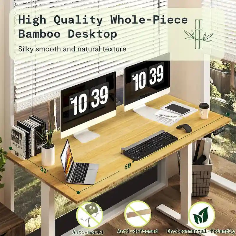 Bureau debout électrique réglable en hauteur avec plateau en bambou (blanc / noir / gris) et contrôleur à mémoire – 1 personne