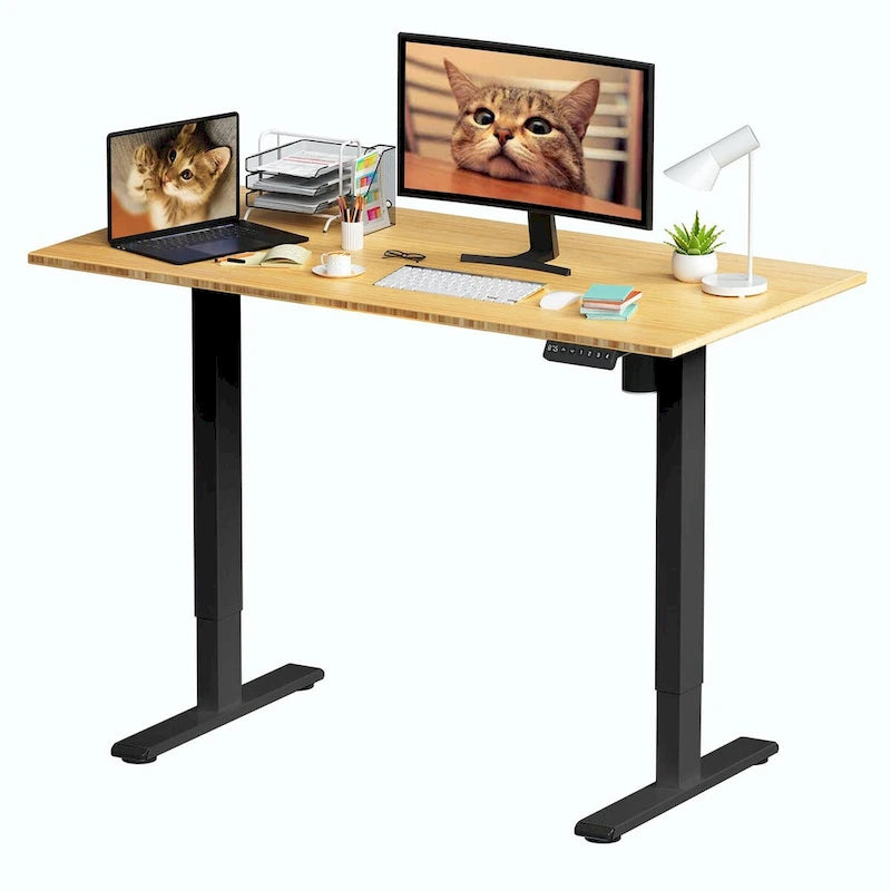 Bureau debout électrique réglable en hauteur avec plateau en bambou (blanc / noir / gris) et contrôleur à mémoire – 1 personne
