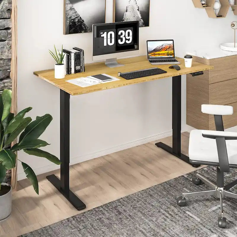 Bureau debout électrique réglable en hauteur avec plateau en bambou (blanc / noir / gris) et contrôleur à mémoire – 1 personne