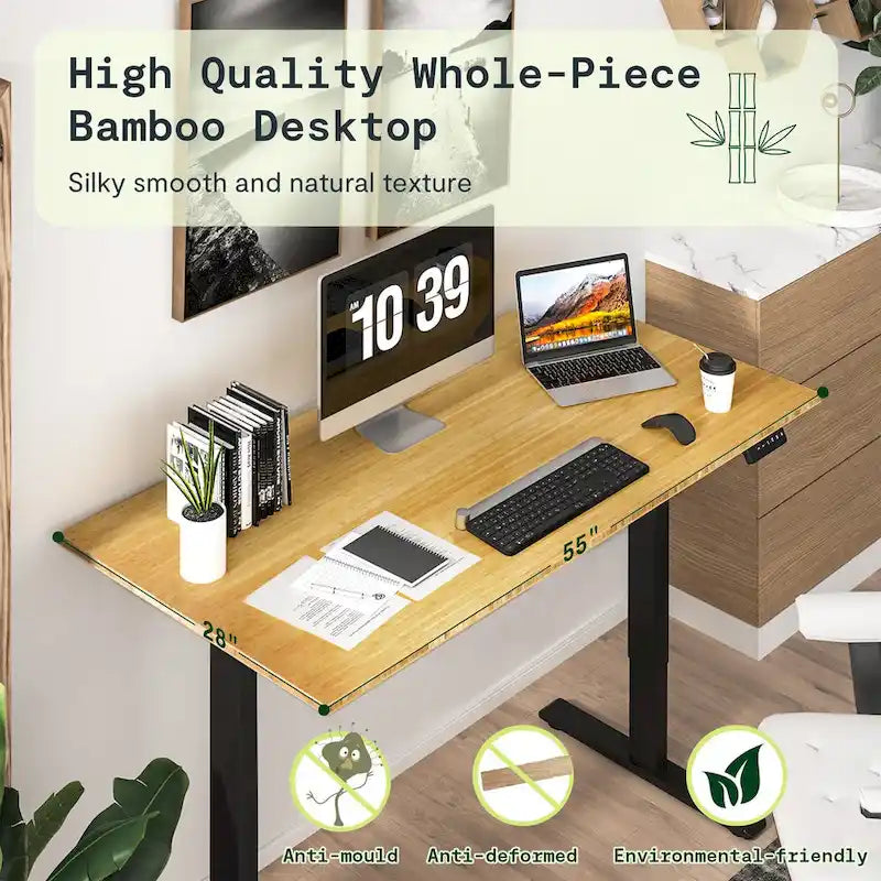 Bureau debout électrique réglable en hauteur avec plateau en bambou (blanc / noir / gris) et contrôleur à mémoire – 1 personne