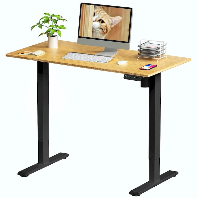Bureau debout électrique réglable en hauteur avec plateau en bambou (blanc / noir / gris) et contrôleur à mémoire – 1 personne