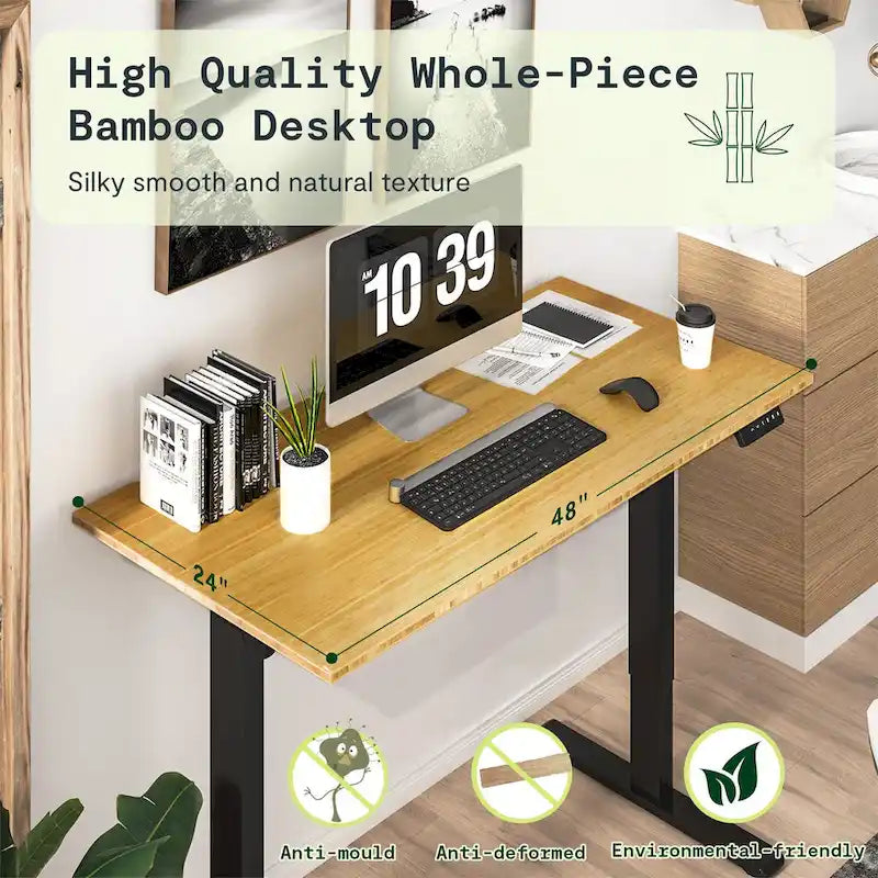 Bureau debout électrique réglable en hauteur avec plateau en bambou (blanc / noir / gris) et contrôleur à mémoire – 1 personne
