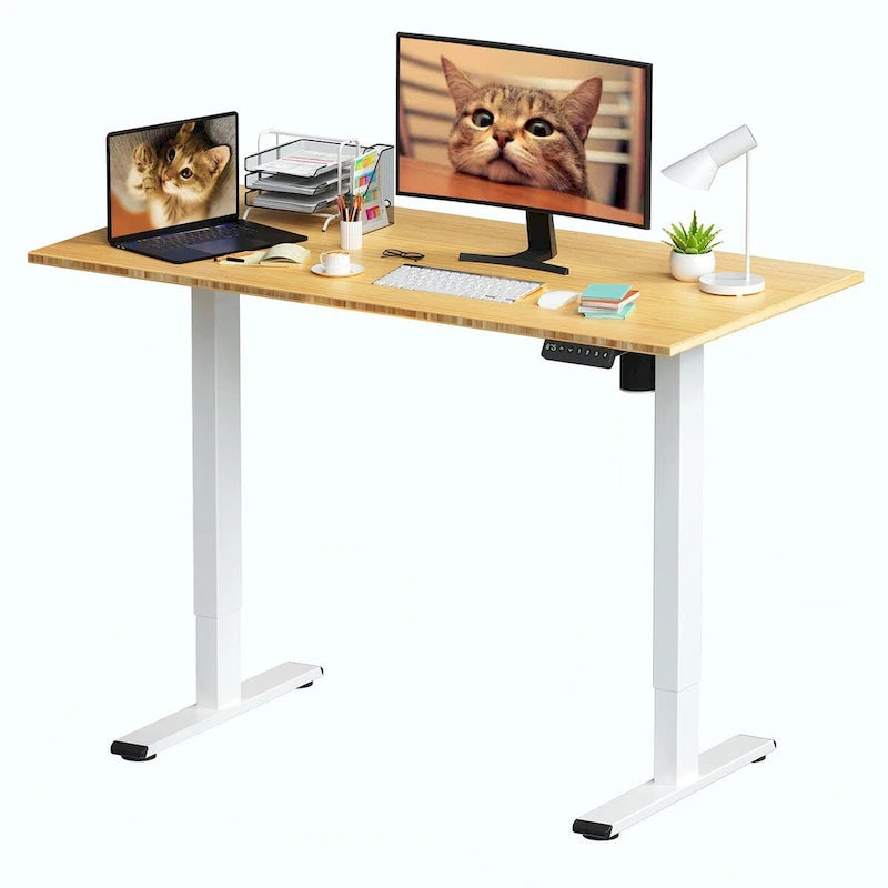 Bureau debout électrique réglable en hauteur avec plateau en bambou (blanc / noir / gris) et contrôleur à mémoire – 1 personne